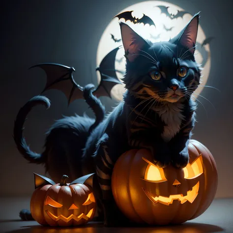 Halloween Cat，Middle element，（master-piece，bestquality：1.2），Best Lights，best shadows，Show background,bat, stylized 3d render