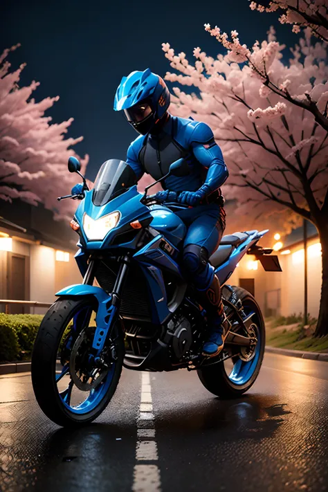 Ninja in blue costume, riding an excavator, on a road at night with cherry trees around