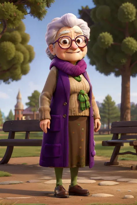 masterpiece, best quality, an old woman with glasses and a scarf on, wearing a purple coat and green scarf, standing at the park