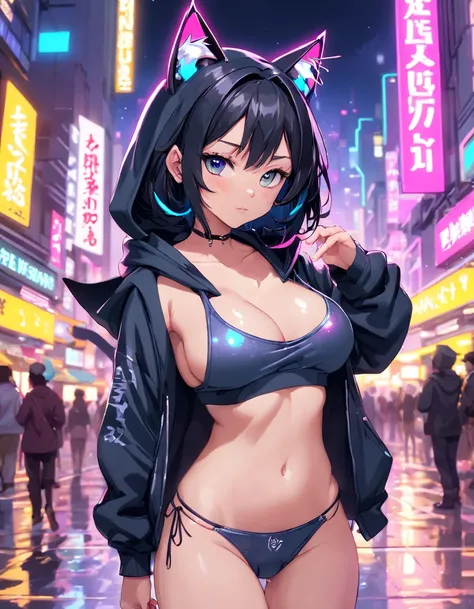 (cyberpunk city landscape) () Nyonix, cyberpunk anime woman, posing from behind in metropolis with a rebellious spirit. Her hair seemed to dance under neon lights, The color changes with each heartbeat. Her costume is a fusion of wires, circuit, and urban ...