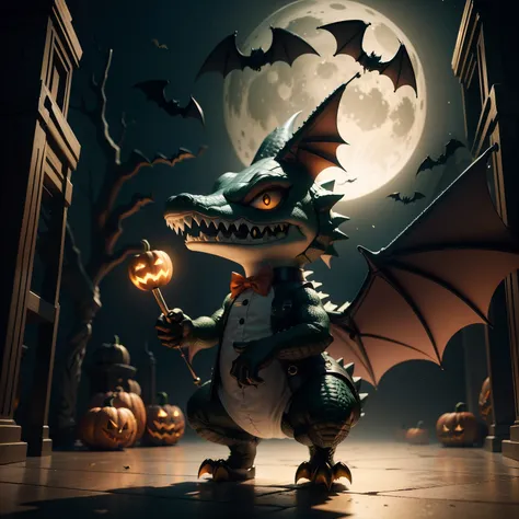 Cute Halloween Crocodile，Middle element，（master-piece，bestquality：1.2），Best Lights，best shadows，Show background,bat,full big moon, stylized 3d render