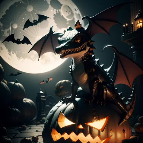 Cute Halloween Crocodile，Middle element，（master-piece，bestquality：1.2），Best Lights，best shadows，Show background,bat,full big moon, stylized 3d render