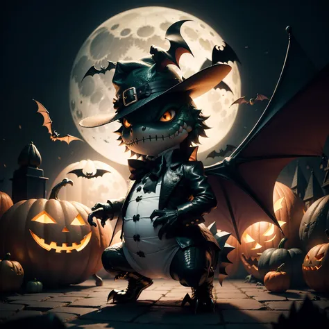 Cute Halloween Crocodile，Middle element，（master-piece，bestquality：1.2），Best Lights，best shadows，Show background,bat,full big moon, stylized 3d render