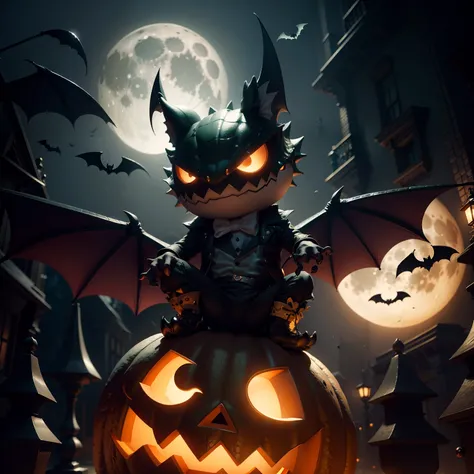 Cute Halloween Crocodile，Middle element，（master-piece，bestquality：1.2），Best Lights，best shadows，Show background,bat,full big moon, stylized 3d render