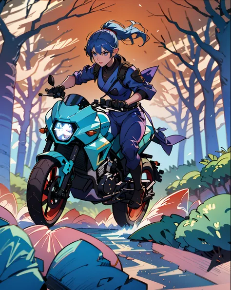 Ninja in blue costume, riding an excavator, on a road at night with cherry trees around --auto --s2