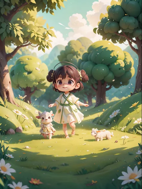 A valley full of grass, A little girl happily walks on the grass with a lamb, Huge love, Barefoot, Dressed in white and green Hanfu, Light and shadow, A masterpiece