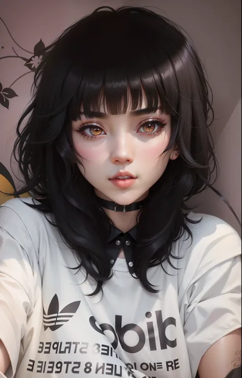 arafed asian woman with black hair and a white shirt, cruel korean goth girl, black hair and white bangs, she has black hair with bangs, black wavy hair with bangs, with full bangs, hair blackbangs hair, anime inspired, with bangs, inspired by Kusumi Morik...