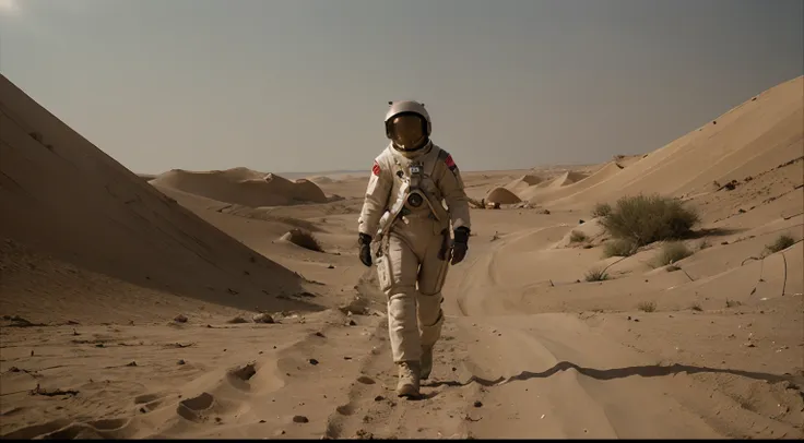 cinematic, a walking female astronaut with helmet, establishing shot, menace coming, sand - storm, mars desert, peach light, mov...