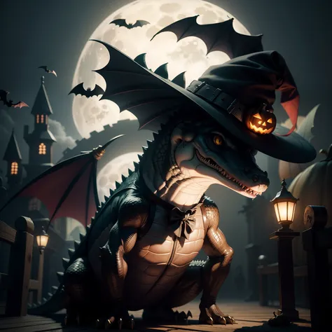 Crocodile wearing cute Halloween hat，Middle element，（master-piece，bestquality：1.2），Best Lights，best shadows，Show background, bat,full big moon, stylized 3d render