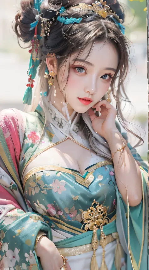 Photorealistic, high resolution, Colorful, colored splashing, Splash, 1 girl, Solo, Hips up, Beautiful eyes, Long hair, Medium breast, Intricate damask hanfu, Gorgeous accessories, Wearing pearl earrings