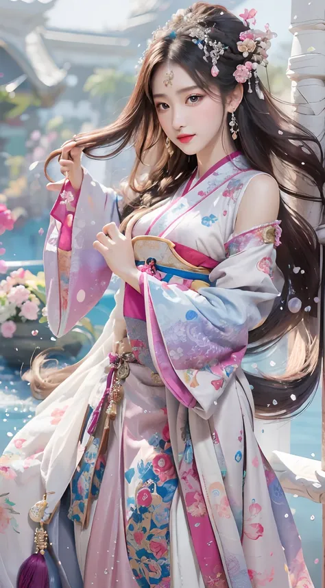 Photorealistic, high resolution, Colorful, colored splashing, Splash, 1 girl, Solo, Hips up, Beautiful eyes, Long hair, Medium breast, Intricate damask hanfu, Gorgeous accessories, Wearing pearl earrings