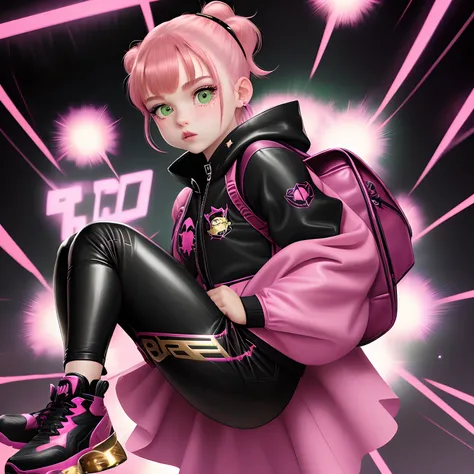 marvel comic book style. spider girl. black suit with pink accents. pink cropped jacket with gold star on back. pink baggy trackpants with gold stars on the side. pink and black chunky shoes. short black pigtails with curtain bangs. green eyes. freckles.