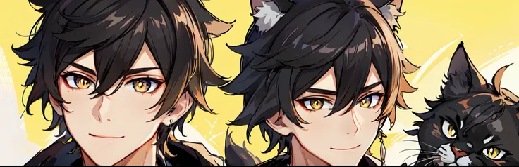 ultra-detailliert, Best Quality, finely detail, Anime Boy, Someone, 1 boy, Mans, Black hair, Medium Hair, Messy spiky hair, voluminous and untidy hair, Black fur jacket, Black clothes, Cat ears, Animal ears, Black cat tail, Black shorts, Smile, relaxed exp...