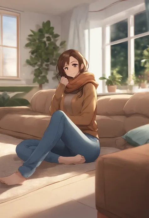 Bell, anime, brown hair, medium breasts, brown eyes, light smile, jeans, scarf, gray sweatshirt, blue pants, sitting, cross-legged, inside a smart home, sitting on the couch, Asada Shinos face, anime Sword Art Online, best quality