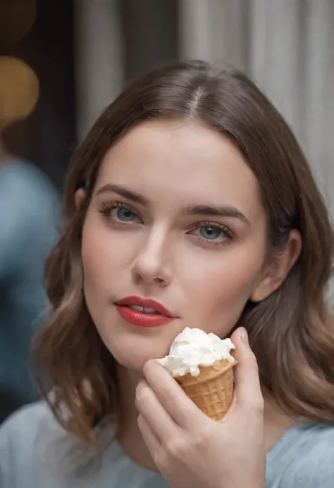 Un primer plano de una mujer sosteniendo un cono de helado, sweet girl, Mujer con cabello plateado ondulado, flequillo, Ojos azul claro, labios rojos, tierna, cuerpo desnudo pechos grandes ,