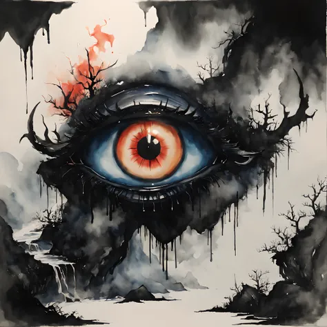 (halloween theme:1.5), (ink and watercolor painting:1.5), (Tasteful:1.5), (ink and watercolor painting:1.5), (Chinese style:1.5), (magic:1.5), (dripping paint;1.5), (dark theme:1.5), (fantasy:1.5), (devils eye:1.5), (iinspiration from Road of the rings:1.5...