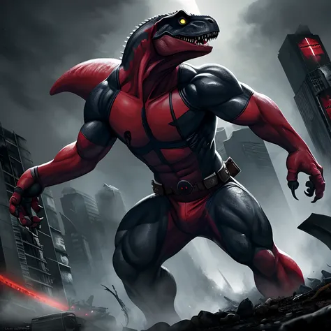 an image of an Deadpool is Tyrannosaurus Rex wearing mask, use a swords, dramatic pose, Jurassic image, low lighting, hybrid, perfect composition, Digital painting, Professional, masterpiece, best quality, Jurassic park reference, chaos city background, 1 ...