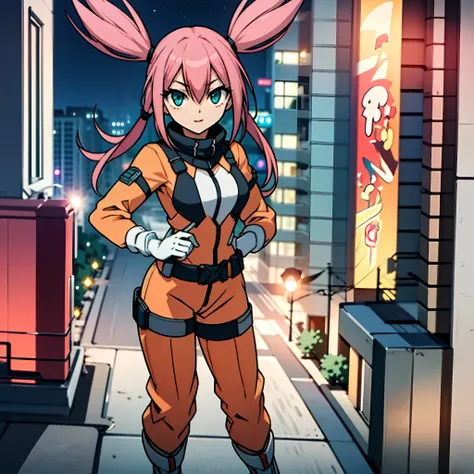 (Complete body, good anatomy, masterpiece, best quality) 1 girl, solo, pink hair, twintails, aqua eyes, orange and grey bodysuit, white gloves, white boots, happy, walking, city, night