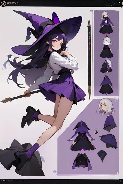 ((masterpiece)),(((best quality))),(character design sheet,same character,front,side,back),illustration,1 girl, full-body, witch, purple witch hat, black long hair, purple mini skirt, corsette, white shirt, open legs, whithe pantis, pantis exposed, withe b...