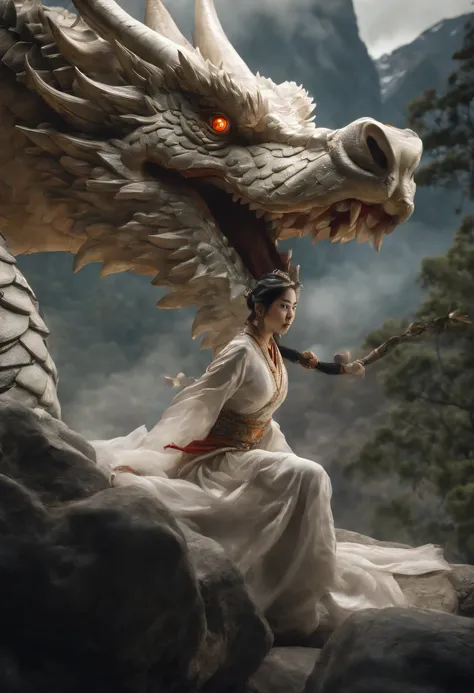 Asian-style white dragon flying around a mysterious waterfall、The white dragons body is long and undulating like a large snake, and a jewel is held in his right hand.、He roars with magnificent horns and a beard on his head.、Cat-eared girl who challenges th...