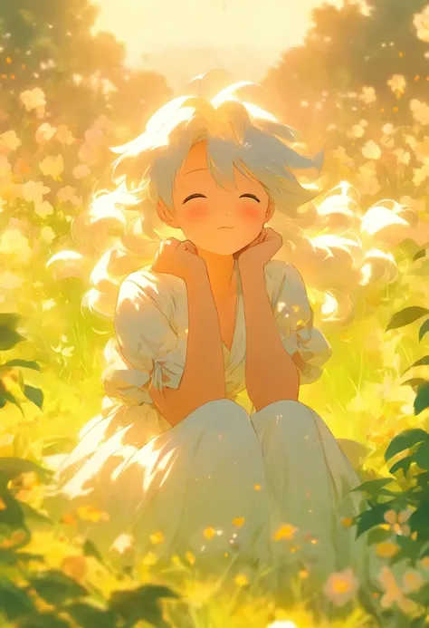 1 girl with white hair sitting in a field of greenery and flowers，her hand under her chin，warmly lit，white dresses，Blurred foreground，k hd，dream magical，Warm sun