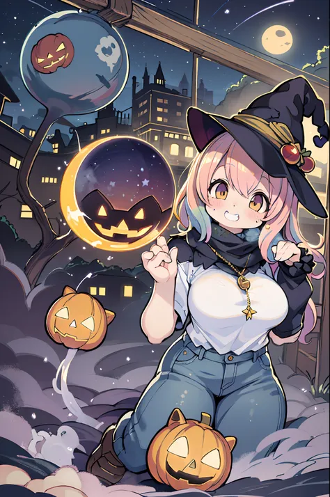 masutepiece, Best Quality, Charming Halloween 8 year old witch, Random coloring,2D, planar vector, T-shirt design, Colorful splashes, Fantasy Art, Watercolor effect,Digital Painting, white bg, 8K、Nighttime cityscape