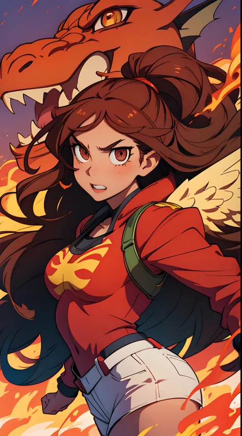 make a promotional poster for My hero academia, una chica de tez clara, Semi-long wavy brown hair,ojos marrones,usando fuego en una mano,It has red dragon wings on its back