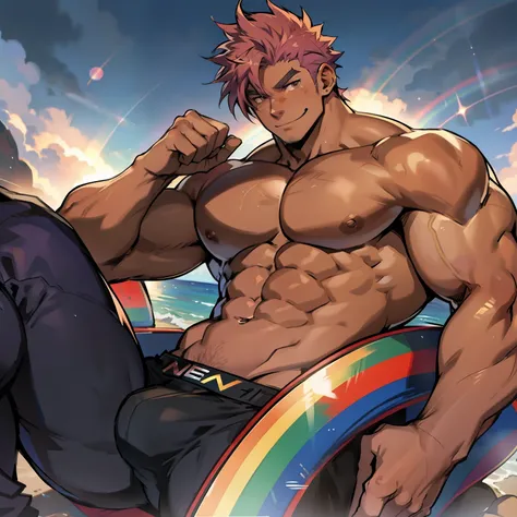 ((Anime style art)), Extremely muscular masculine character, tan skin,  rainbow hair,  erotic, 8 pack abs, huge bulge, smirk,!