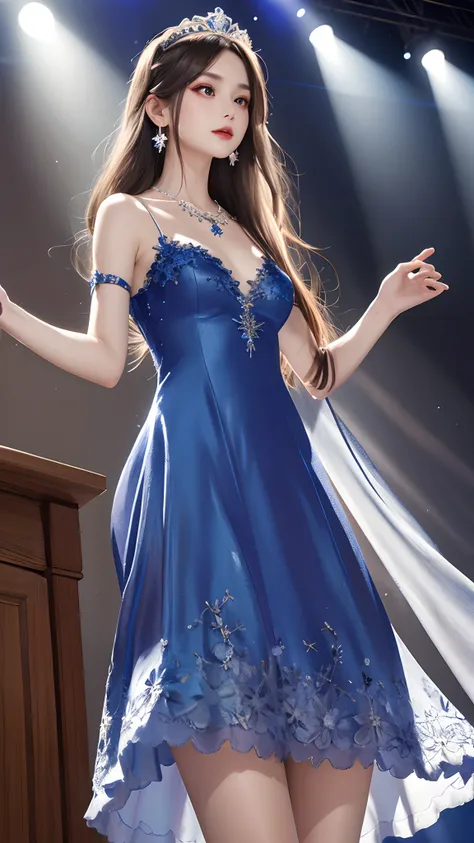 masterpiece, best quality, highres, long hair, tiara, hair ornament, hair flower, earrings, necklace, bare shoulders, small breasts, blue dress, strap dress, lace, blue gloves, standing, cowboy shot, stage, holding microphone,