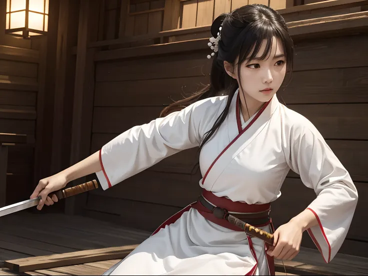 A woman who is,White Hanfu red belt,Rough wooden piles,swordsmen,(tmasterpiece，best qualtiy，Complicated details)