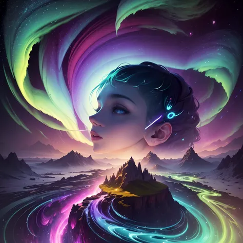 tmasterpiece, 4K, Hyper-Resolution, Optimal image resolution, Amazing illustrations depicting the Northern Lights of the human body, Express your thoughts, Emotions and dreams in surreal and magical landscapes. Use bright colors and meaningful symbols to r...