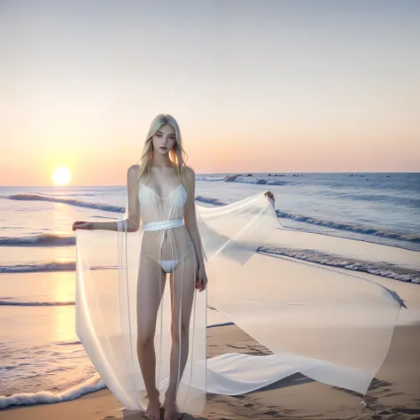 Beautiful beach at sunset、Good looks like a model、20-year-old European Caucasian beauty、Four Angels、4 Silver-Haired Beauty and Blonde Beauty、、Perfect slim style、Perfect good looks、Sheer sheer white clothes with a lot of exposure、Sheer White Shawl