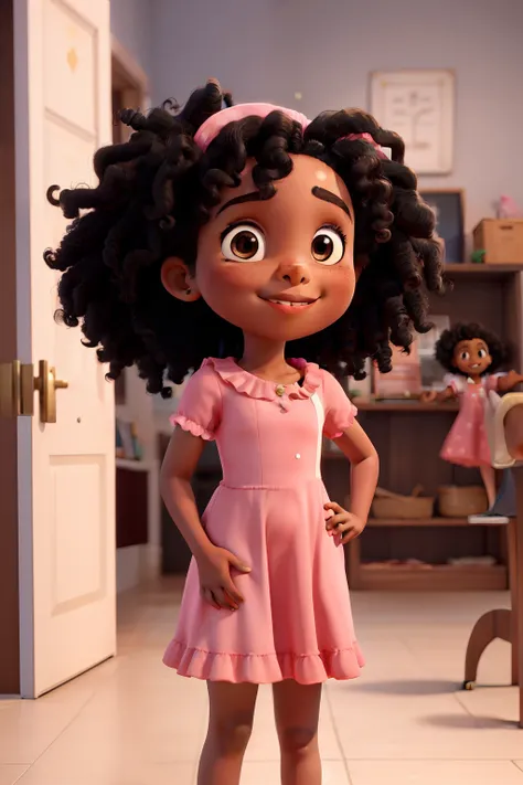 obra-prima, de melhor qualidade, A black girl child with black curly hair wearing a pink dress