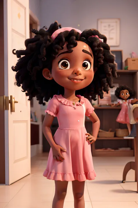 obra-prima, de melhor qualidade, A black girl child with black curly hair wearing a pink dress