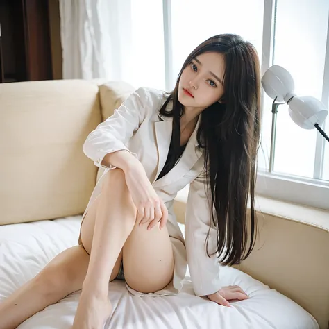 raise heels, Sit down and show your buttocks from the front, Grab your knees, White panties, Blazer jacket, Long hair, Realistic, Photographic, Cute,Make it NFSW、Turning around、are visible、