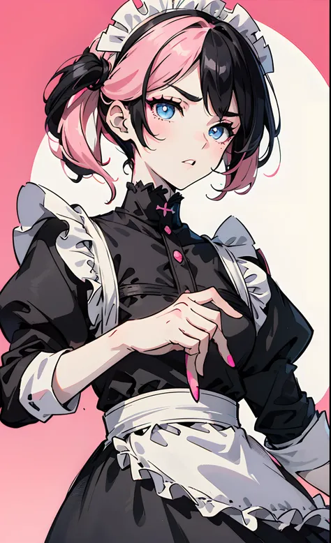 a goth anime boy, with slightly spikey black hair with pink streaks  blue eyes, bushy brows, pale, wearing a maid dress