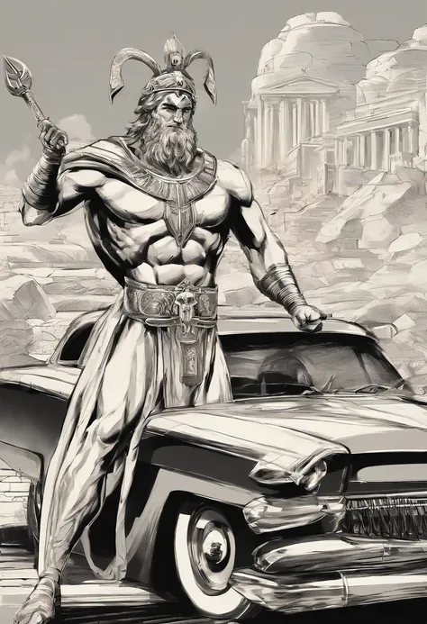 Greek God Ares. Car Sale Advertisment. 1950s. Bau Haus Graphic Design Style.