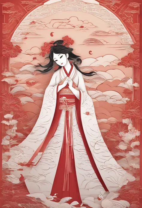 Flat paper cutout，Stacked，projection，Solid。Chinese Mid-Autumn Festival theme，Mochizuki Girl。Chinese culture，Profound，Complicated details，A high resolution