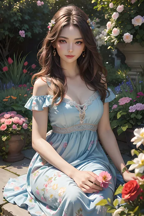 (detailed eyes and face,attractive lady),oil painting,romantic,garden,beautiful flowers,flowing dress,soft sunlight,vibrant colors,best quality,realistic.