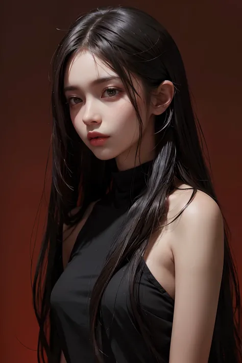 a 20 yo woman,long hair,dark theme, soothing tones, muted colors, high contrast, (natural skin texture, hyperrealism, soft light, sharp),red background,simple background,