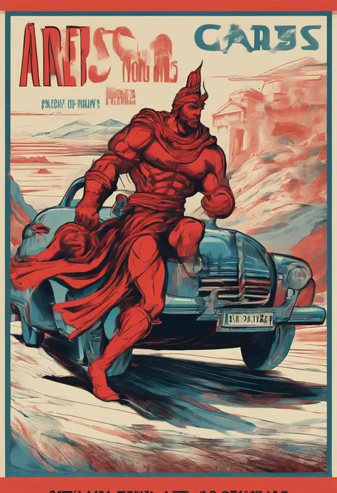 Greek God Ares. Car Sale Advertisment. 1950s. Bau Haus Graphic Design Style. Minimalistic. Main Colors Red, Blue, Yellow, Cyan.