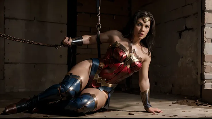 Wonder Woman restrained in some way, such as being tied up, chained, or shackled. The image should show Wonder Womans strength and determination, despite her inability to move freely. Her facial expression can be serious or intense, as she struggles agains...