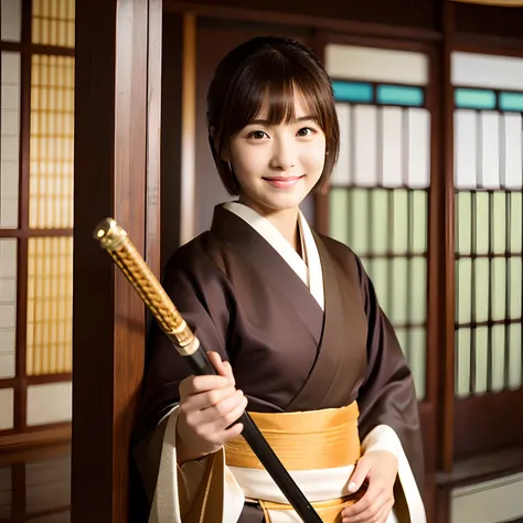 1girl in, Solo, komono, Short hair, arma, Sword, Brown eyes, Looking at Viewer, Kimono, Brown hair, Lips, put hands on the hip, scabbard, Smile, katanas, Black hair, Upper body, Closed mouth, sheathed, Hand up