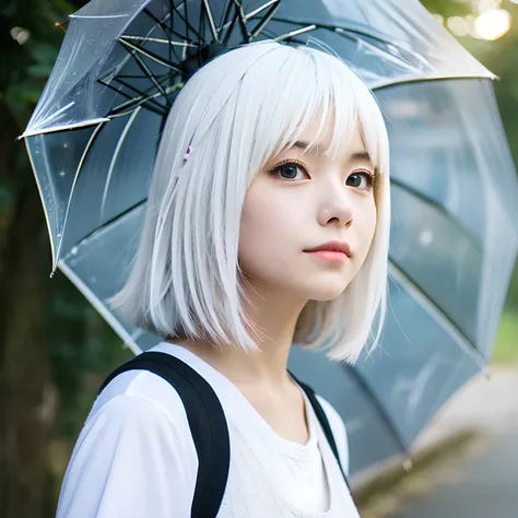 kawaii girl、white  hair、short-hair、Ban umbrella、komono、