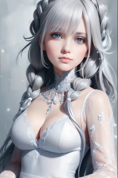 (high-resolution:1.2), (best quality, ultra-detailed, photorealistic:1.37), (portrait, traditional portrait), (gray hair, blue hair), (shimmering golden eyes), (flowing white attire), (gazing at the sky), (upper body or full body), (hair flowing like a wat...