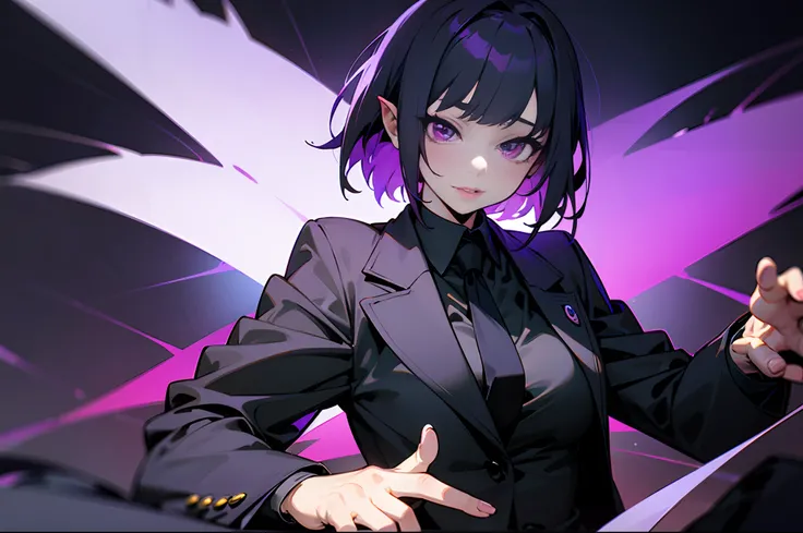 (woman in black suit and tie)Anime girl hinata, Anthropomorphic lop-eared Dalmatian sexy woman, her big purple eye and purple short hair her mechanical hand is cyberpunk