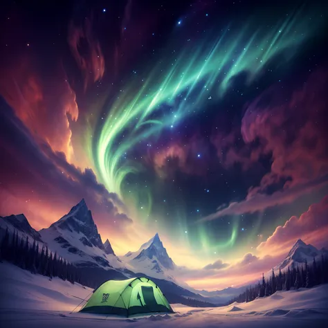 in the dark night of antarctica, a green aurora appeared in the sky, yellow camping tents, 8k hd high definition detailed realis...