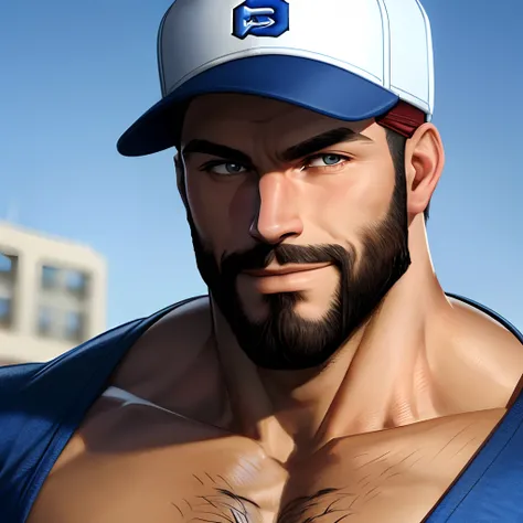 Muscular male wearing a red white and blue baseball cap, close up, bearded, smug