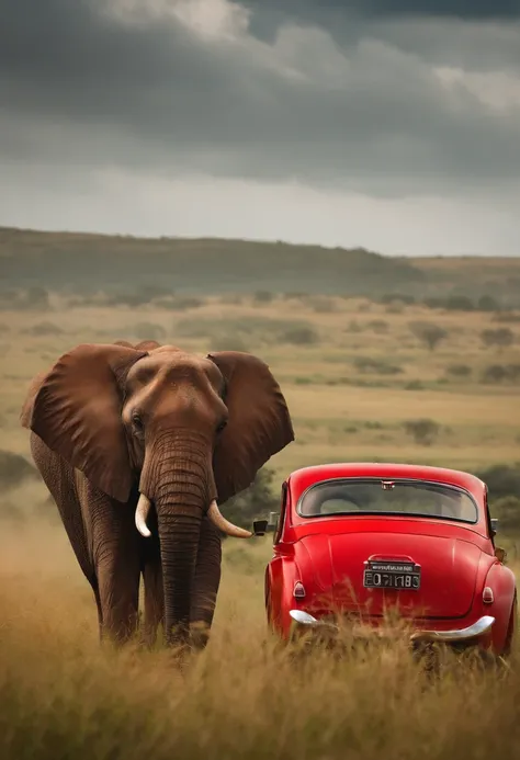 Elephant with red car，Fight side by side in the endless grasslands