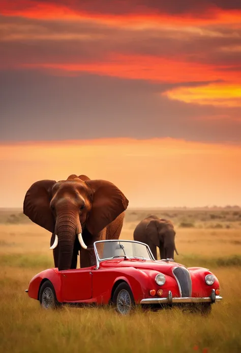 Elephant with red car，Fight side by side in the endless grasslands